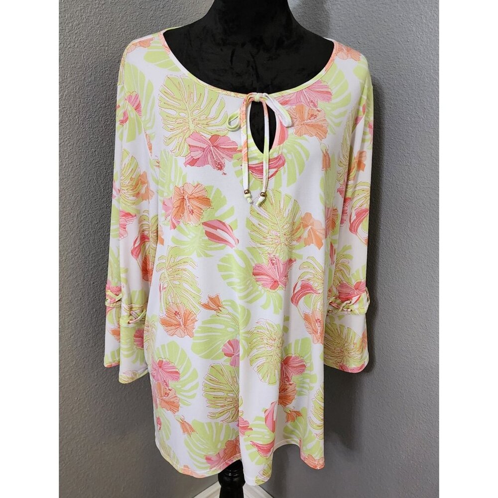 Hearts of Palm Blouse 1X Tropical 3/4 Sleeves Floral Cottagecore Boho Soft Girl